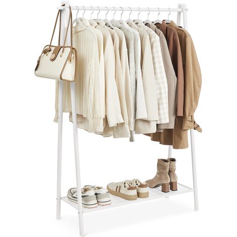 Portant à Vêtements, Porte-vêtements, Porte-Manteau, Penderie, Cadre en Acier, avec Tringle et Étagère, 33,5 x 92,5 x 153 cm, pour Chambre, Vestiaire, Buanderie, Blanc HSR023W01 (1/5)