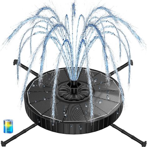 Fontaine Solaire,  3.5W Extérieur Flottante Pompe Bassin Solaire, 3 Modes de Réglage de Hauteur d’Eau 2000mAh Batterie, Fontaine Exterieur avec 7 Buses & 4 Barres Rotatives pour Jardin (Noir)