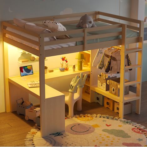 REDOM - Cama alta escritorio integrado, LED, estantes multifunción, madera maciza MDF natural (1/5)