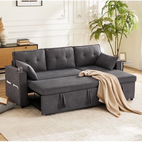 Schlafsofa 211x130x86 cm grau aus Baumwoll-Leinen mit Stauraum, Getränkehaltern und wechselbarer Chaiselongue (1/5)