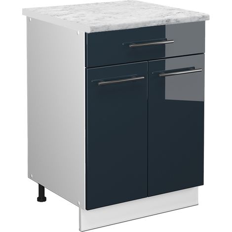 Mueble bajo de cocina Fame-Line, Azul oscuro alto brillo, 60 cm con cajón, ET Mármol, Vicco