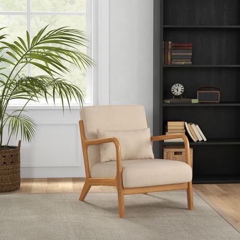 Fauteuil lounge - 3 coussins inclus - assise profonde - accoudoirs - aspect velours beige(Mi) - structure bois hévéa