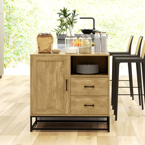 Aparador, mueble de almacenamiento con 2 cajones, compartimento abierto y estante ajustable, 80 cm de ancho x 40 cm de profundidad x 78 cm de alto, color natural. (1/5)