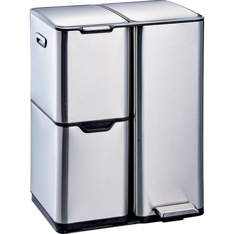 Kitchen Move – Poubelle à pédale tri sélectif 60L – Système triple compartiment 13L + 17L + 30L – Acier inoxydable brossé – Ouverture douce et silencieuse