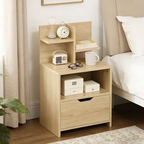 Table chevet nuit tiroir niche étagères rangement effet bois 45x35x73 naturel (1/5)