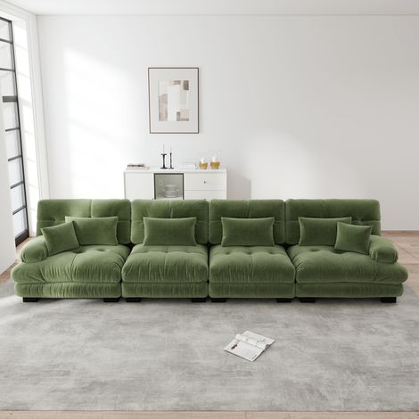 Sofá modular esquinero 406x77x81 cm verde en chenilla con asiento profundo y cojines incluidos (1/5)