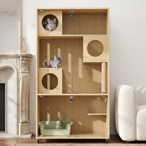 Cage mobile pour chat, villa pour chat, maison d'intérieur pour chat, meuble pour animaux, cage pour chinchilla, avec serrure à clé, avec porte d'entrée/sortie, couleur bois naturel, 90 x 50 x 166 cm (1/5)