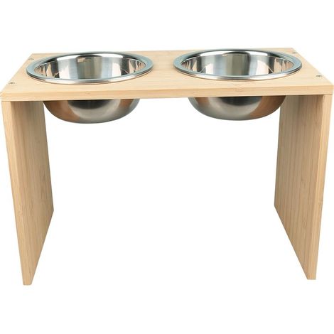 Gamelle pour chiens et chats, avec Support en Bambou, station d'alimentation, 2 bols en acier inoxydable, support de bol alimentaire (1/5)