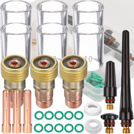 29 pièces Torche de soudage TIG Stubby Gas Lens 10 pour kit de tasse en verre pour Pyrex pour WP-17/18/26 Kit d'accessoires de torche de soudage TIG, corps de pinces, pinces, tasse arrière (1/5)