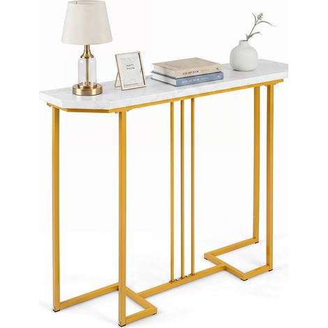 Table Console, Console d'Entrée Étroite avec Plateau Effet Marbre Imperméable et Anti-rayures, Cadre Métal Doré Géométrique, 110 x 30 x 91 cm (1/5)