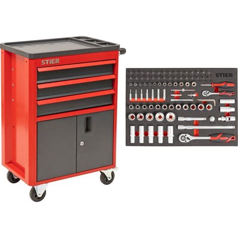 Servante d'atelier-armoire roulante STIER avec 3 tiroirs, garnie, 92 pièces (1/5)