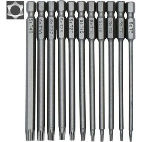 Jeu de 11 embouts longs Torx pour tournevis et visseuse électrique - Embouts magnétiques - Tige hexagonale de 1/4" - Tailles T6 à T40 - Longueur 100 mm (1/4)