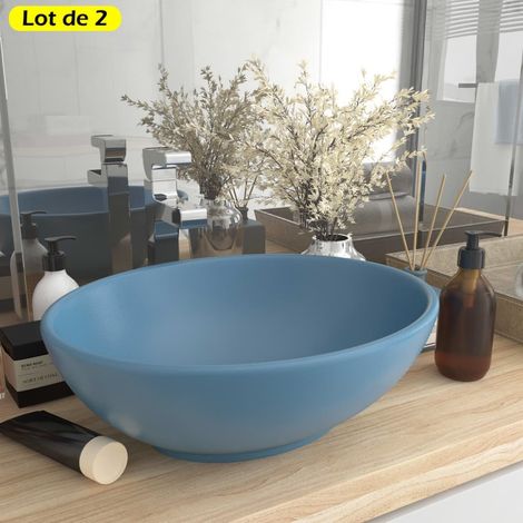 Lot de 2 Vasques de Salle de Bain Ovale. Bleu Clair Mat. Lavabo moderne SANS Mitigeur (1/5)