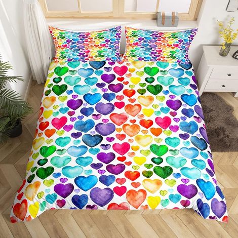 Parure Housse de Couette Couple Coloré Love Heart Pattern Parure de Lit 140x200cm Arc en Ciel Heart Housse de Couette for Enfants Microfiber Décor de Chambre (1/5)