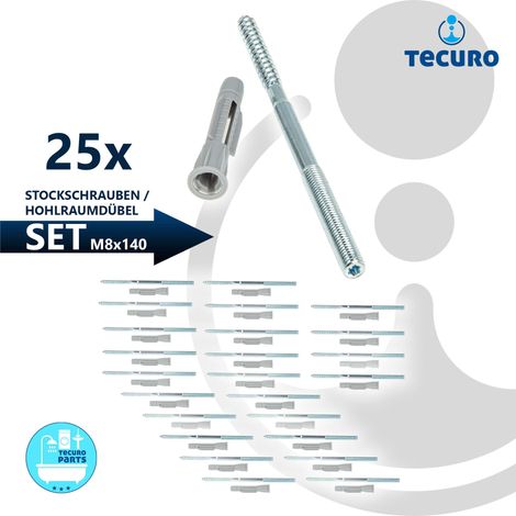 tecuro Stockschraube M 8 x 140 mm, verz. mit Universal Hohlraumdübel - 25 Stück