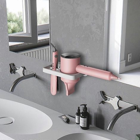 Support mural 2 en 1 pour sèche-cheveux avec étagère de rangement pour salle de bain