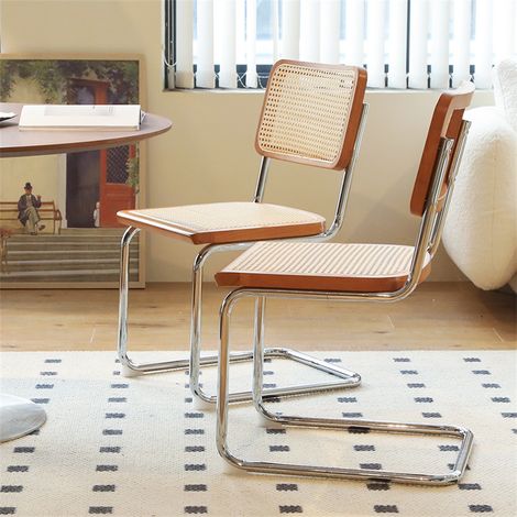 Lot de 2 chaises de salle à manger - Style Breuer en tissu et rotin avec pieds luge chromés pour cuisine - Marron et Bois (1/5)