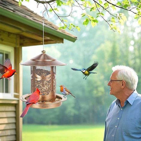 Hängender Libellen-Vogelfutterspender, solarbetrieben, goldfarbenes Metall, wasserdicht - Gartendekoration, ideales Geschenk für Vogelliebhaber und Mütter