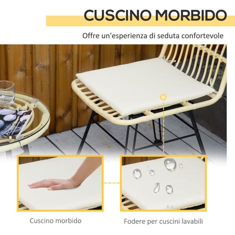 Set de Jardin 3 Pièces Rotin PE et Acier, Table Basse Plateau Verre + 2 Chaises, Mobilier Balcon Patio Terrasse Extérieur, Crème