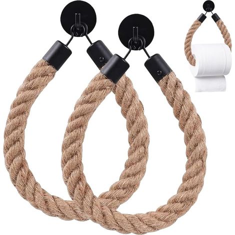 Porte-papier toilette, porte-serviettes, noir mat, sans perçage, vintage, fibre naturelle non teinte, corde de chanvre, support de papier WC, décoration pour la salle de bain (2 pièces sans (1/5)