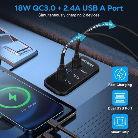 3-Port-12V-Steckdose, PD3.0 Typ C, QC3.0 USB 2,4A, Schnellladeadapter für Auto und Boot (1/4)