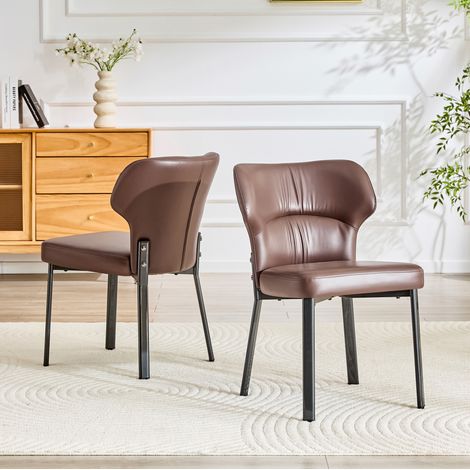 Set di 2 sedie da pranzo, imbottite, schienale curvo, rivestimento in PU, struttura in metallo nero, marrone (1/5)