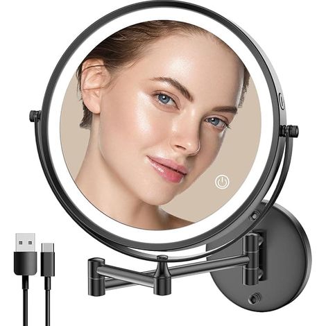 Specchio per il trucco ricaricabile da parete – Doppia faccia con ingrandimento 1X/5X/10X, 3 temperature di colore regolabiliTFTF Nero