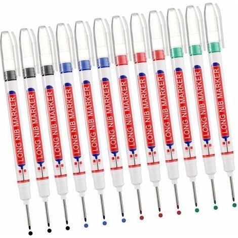 Marqueur Indélébile Pointe Longue 20 mm Pour Chantier Charpentier 12 Pièces Noir Bleu Rouge Vert (1/4)