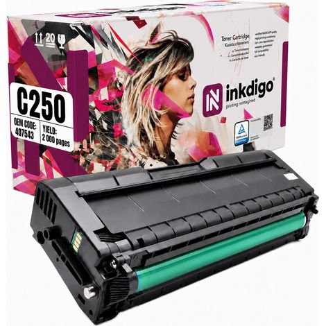 Tóner Inkdigo 407543 compatible con Ricoh Aficio SPC250, SPC250e y SPC250. Certificado por TÜV. (1/5)