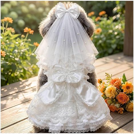 Robe de Mariage pour Chien avec Voile, Robe Blanche en Dentelle pour Petit Chien, Robe Princesse avec Nœud, Tenue de Cérémonie pour Mariage Anniversaire Séance Photo (1/3)