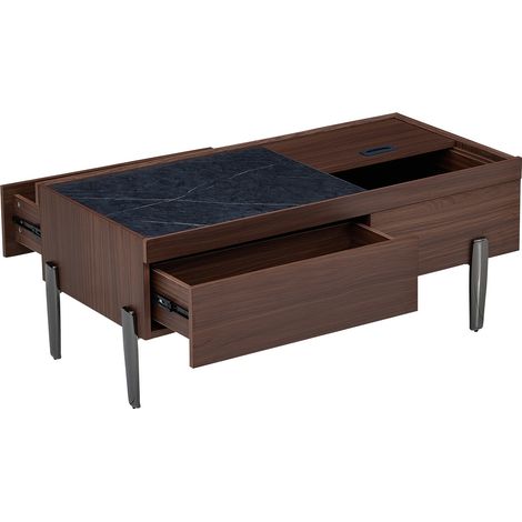Table basse moderne en MDF brun foncé avec plateau en verre, tiroirs et design marbré (1/5)