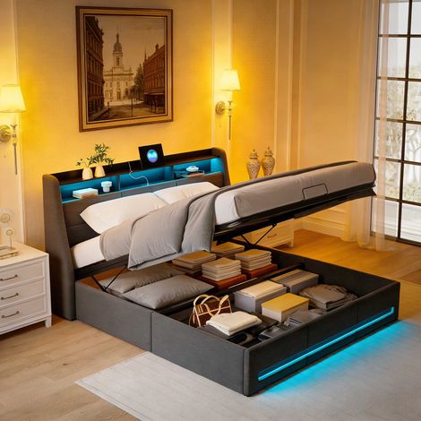 Letto contenitore 160x200 cm con doppio LED e presa elettrica, letto matrimoniale in lino grigio, testiera contenitore, rete a doghe