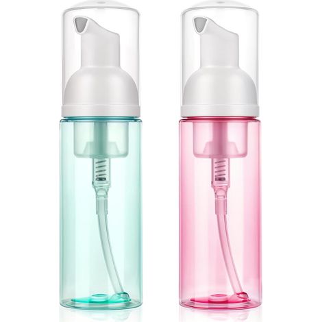 Lot de 2 distributeurs de savon moussant vides rechargeables en plastique pour savon pour les mains, lavage du visage, shampooing pour les cils, soins de la peau (vert + rose) (1/5)