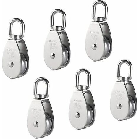 Puleggia singola in acciaio inossidabile M15 304, rullo di blocco per pulegge singole da 15 mm, gancio girevole per gru, cavo metallico liscio, carico 77 libbre/35 kg (6 pezzi) (1/5)