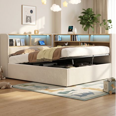 Cama de día 140 x 200 cm con almacenamiento hidráulico, LED, USB, respaldo, terciopelo beige OKWISH (1/5)