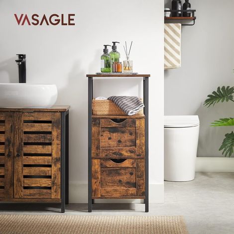 VASAGLE Meuble Salle de Bain, Rangement 2 Tiroirs, Commode avec Compartiment Ouvert, Peu Encombrant, 37 x 30 x 80 cm, Marron Rustique et Noir BBK151B01 (1/5)