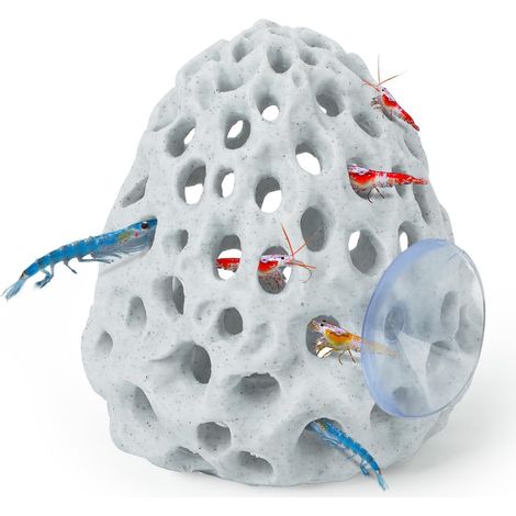 Cachette en forme de grotte pour crevettes - Design réaliste imitant la roche avec de multiples ouvertures, décoration non toxique pour aquarium d'eau douce avec ventouse, cachette et lieu de repos sé (1/5)