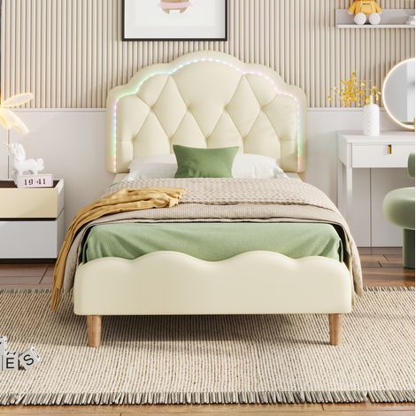 Lit simple rembourré moderne 90x200 cm PU beige, tête de lit ondulée avec LED multicolore et sommier à lattes (1/5)