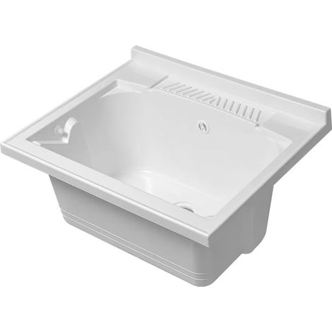 Vasca lavatoio 60x45 cm in resina bianca con pre fori per rubinetto (1/5)