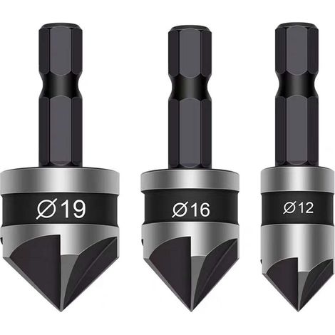 Lot de 3 forets coniques à tige hexagonale de 6,35 mm, 5 cannelures, centre à 90 degrés, 12 mm, 16 mm, 19 mm pour travail du bois, perceuse à bois, métaux doux (noir) (1/5)