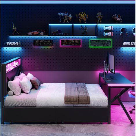 Bett Gaming-Plattformbett 140x200 cm aus Metall und MDF in Schwarz mit LED-Kopfteil, LED-Schreibtisch, 2 Schubladen