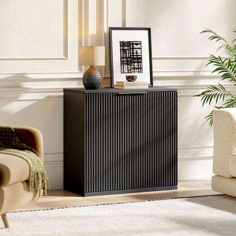 Buffet Moderne avec Façade Plissée et Poignée en Métal – 60x30x70cm Buffet Multifonction pour Salon et Chambre, Décor Bois Clair Naturel, Noir (1/5)