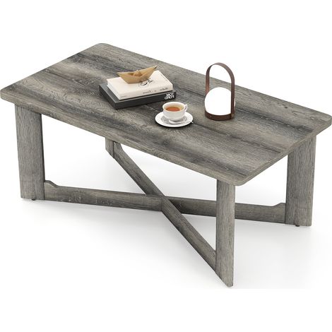 COSTWAY Coffee Table Rectangle Center Table with X-Shaped Base-Gray (1/5)