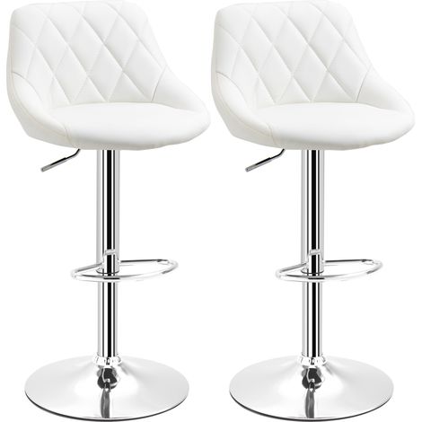 Set 2 Sgabelli da Bar con Altezza Regolabile, Base in Metallo e Seduta Finta Pelle, Sgabelli Alti Moderni Girevoli con Schienale e Poggiapiedi 46x48x83-104cm, Bianco