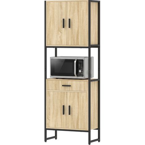 Buffet Haut Cuisine, Armoire de Cuisine, 4 Portes à Fermeture Douce, Tiroir, Plan de Travail, 60x30x170cm, Bois Naturel (1/5)