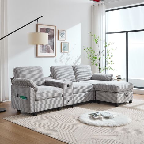 DESMIU Canapé droit avec console coulissante, USB-C, poches latérales et ottoman, en tissu côtelé, Gris clair (1/5)