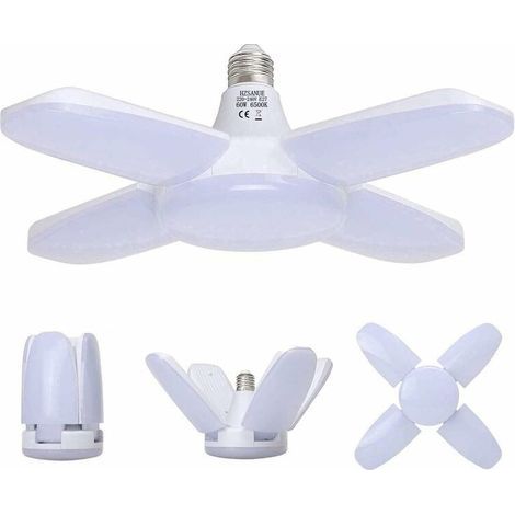 Lampe Garage E27 60W,Lampe Atelier Blanc Froid 6500K 6800Lm,Déformable avec 4 Panneaux Ajustables, Éclairage Plafond LED, pour Garages (1/4)