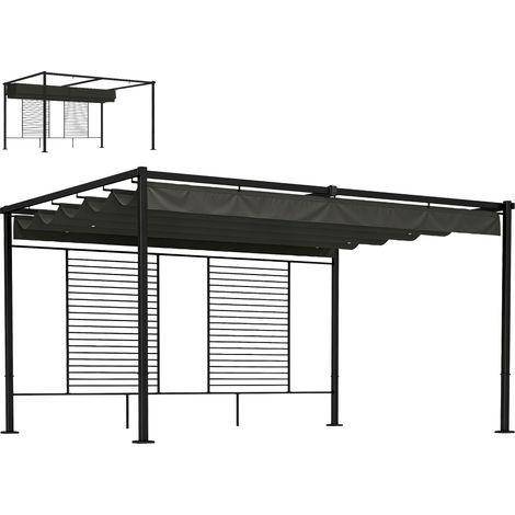 Outsunny pérgola de jardín 4x3 m con techo retráctil y 2 paneles de privacidad, cenador de jardín con upf50+, estructura metálica, para patio exterior