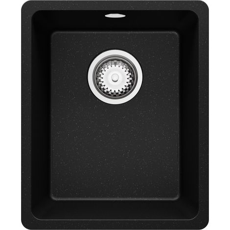 PRIMAGRAN Evier Cuisine en Granit 36x44cm, Lavabo 1 bac + Kit de Vidage, Évier à Encastrer au meuble 40cm - Venise Slim Easy, Noir Métallisé (1/5)