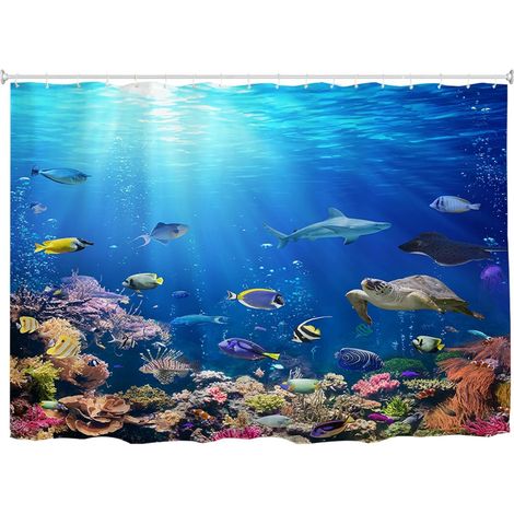 Rideau de douche extra-large, 300 cm de large, Océan, monde sous-marin, poissons tropicaux, anti-moisissure, tissu imperméable, rideaux de bain pour salle de bain, baignoire, 300 x 180 cm (1/5)
